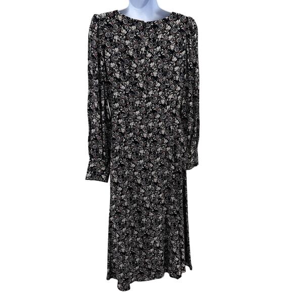 Ann Taylor LOFT Floral Midi Dress WMNS 2 Black Puff Sleeve High Neck Zip Slit LS - Picture 12 of 16